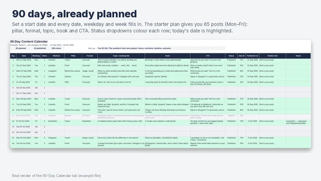 90-Day Calendar tab: dates, weekdays, platform, pillar, format, topic, hook, CTA and colour-coded status for each day