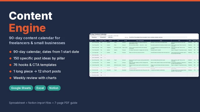 Content Engine cover: 90-day content calendar spreadsheet with pillars, formats, hooks and statuses