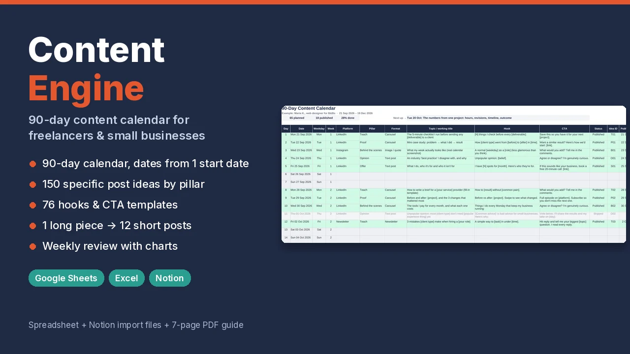 Content Engine cover showing the 90-day calendar and feature list
