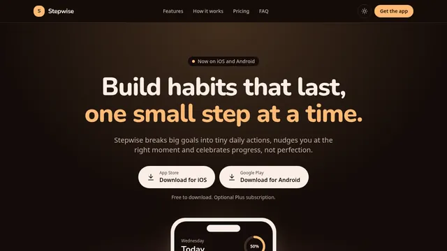 Mobile app launch template in dark mode with store download buttons
